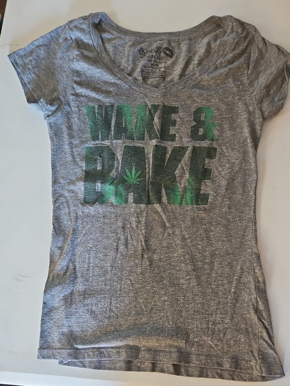 Spencer's Gray Short Sleeve "Wake & Bake" Graphic Tee with Green Print